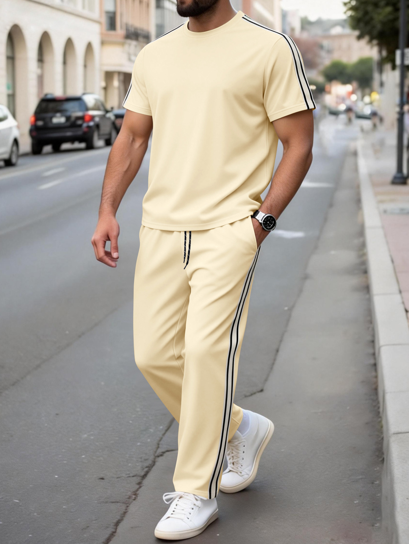 New Summer Men's Casual Suit with Patchwork, Versatile Short-Sleeve and Pants Sports Suit