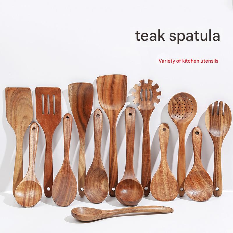 Household kitchen utensil set: teak spatula, wok spatula, slotted spoon, wooden spoon (complete set)