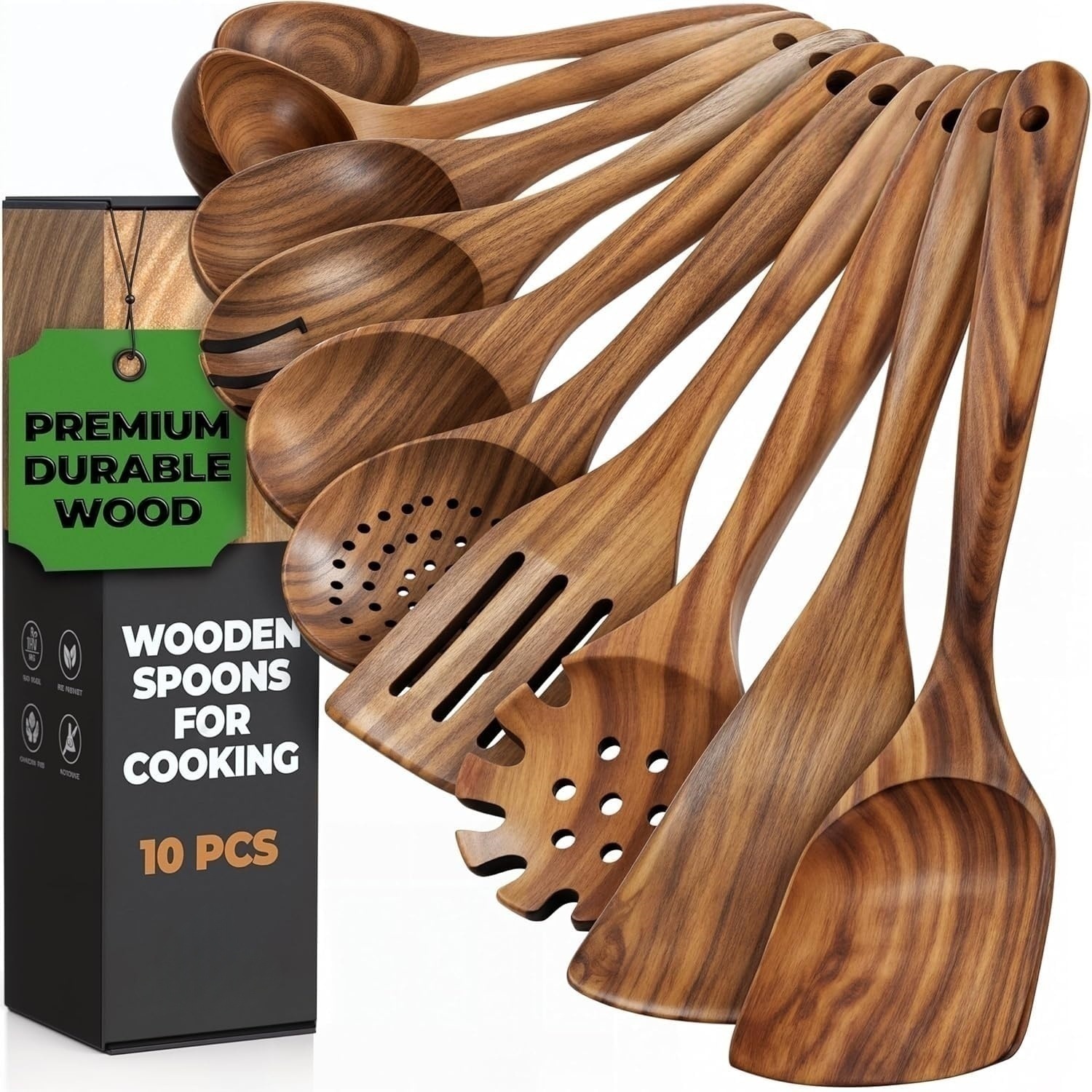 Household kitchen utensil set: teak spatula, wok spatula, slotted spoon, wooden spoon (complete set)