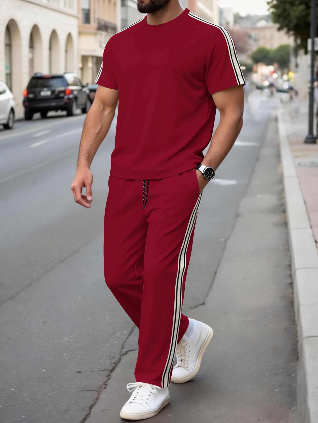 New Summer Men's Casual Suit with Patchwork, Versatile Short-Sleeve and Pants Sports Suit