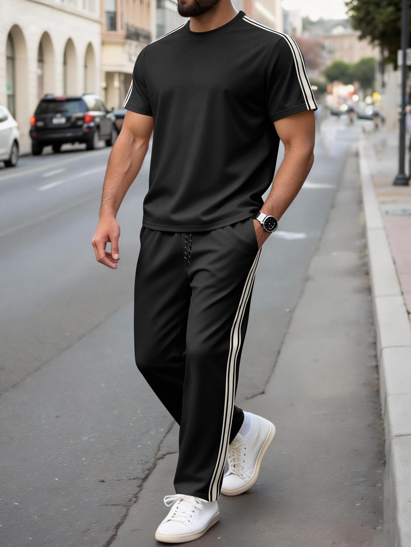 New Summer Men's Casual Suit with Patchwork, Versatile Short-Sleeve and Pants Sports Suit