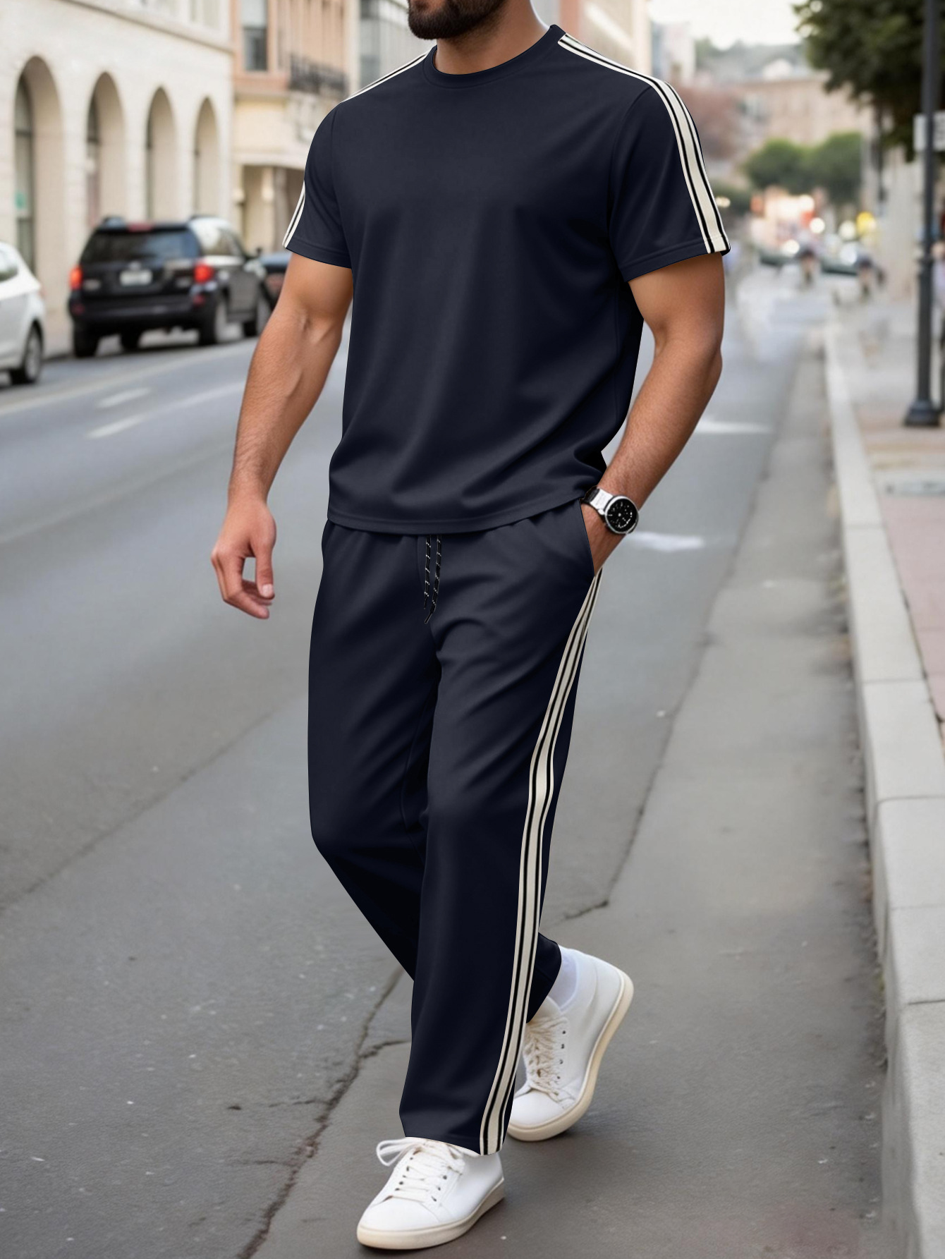 New Summer Men's Casual Suit with Patchwork, Versatile Short-Sleeve and Pants Sports Suit