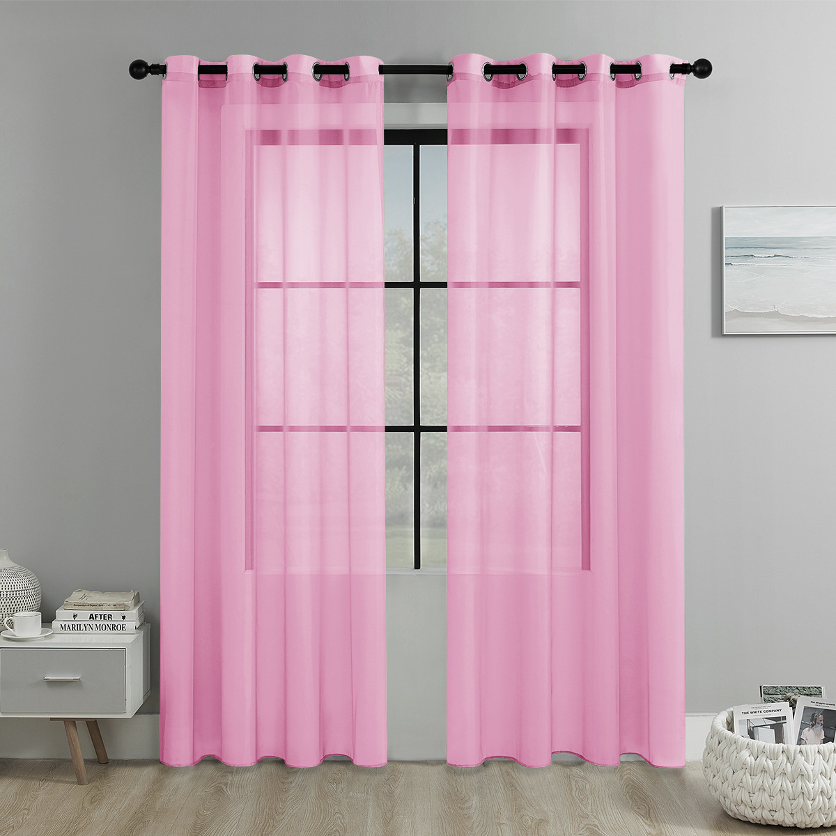 Solid color perforated trinylon sheer curtains, semi-blackout curtains, for living room and balcony decoration.
