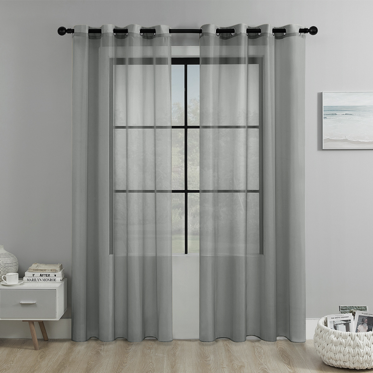 Solid color perforated trinylon sheer curtains, semi-blackout curtains, for living room and balcony decoration.
