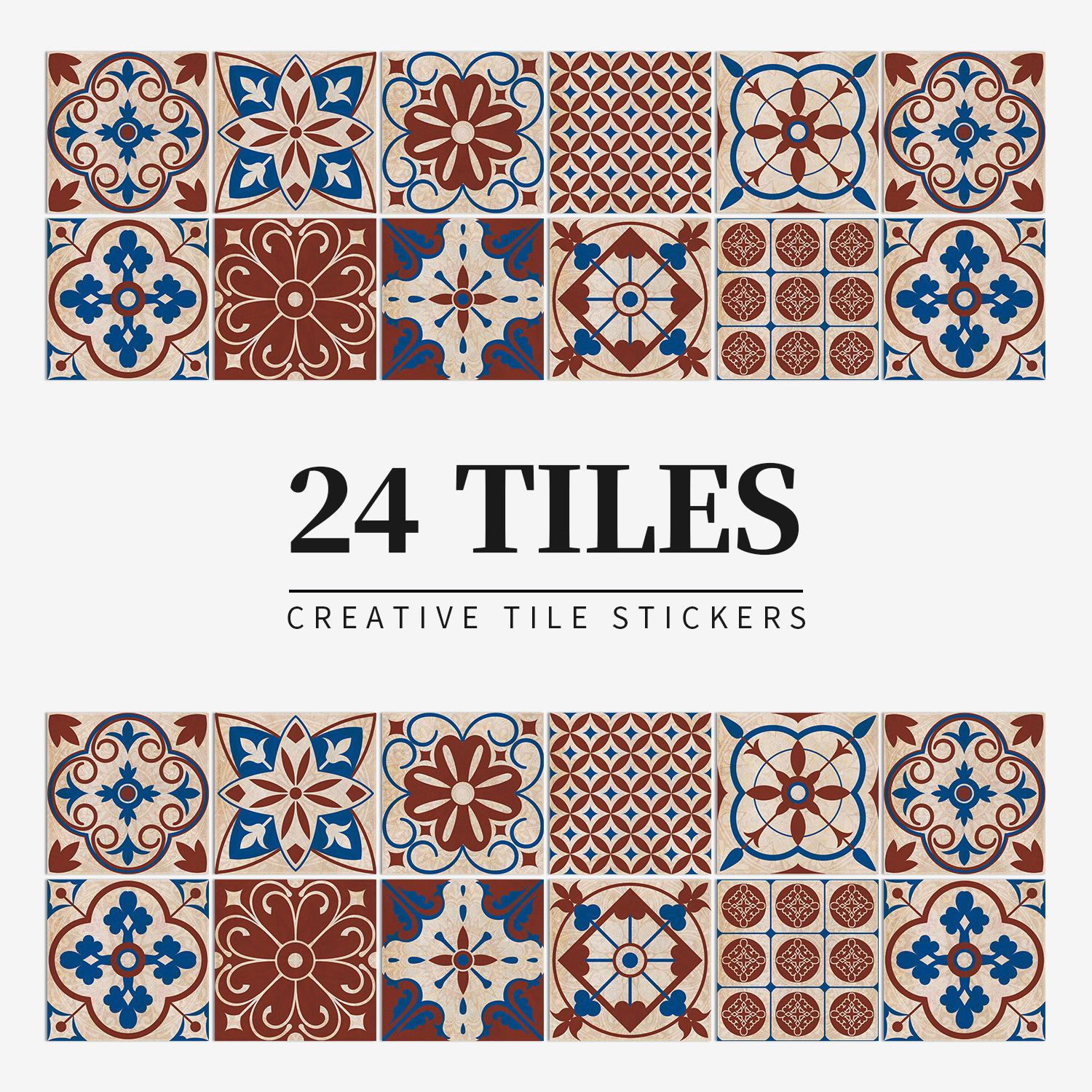 24-piece European-style patterned self-adhesive tile stickers, waterproof and oil-proof, suitable for kitchen and bathroom wall decoration, matte PVC wall stickers.