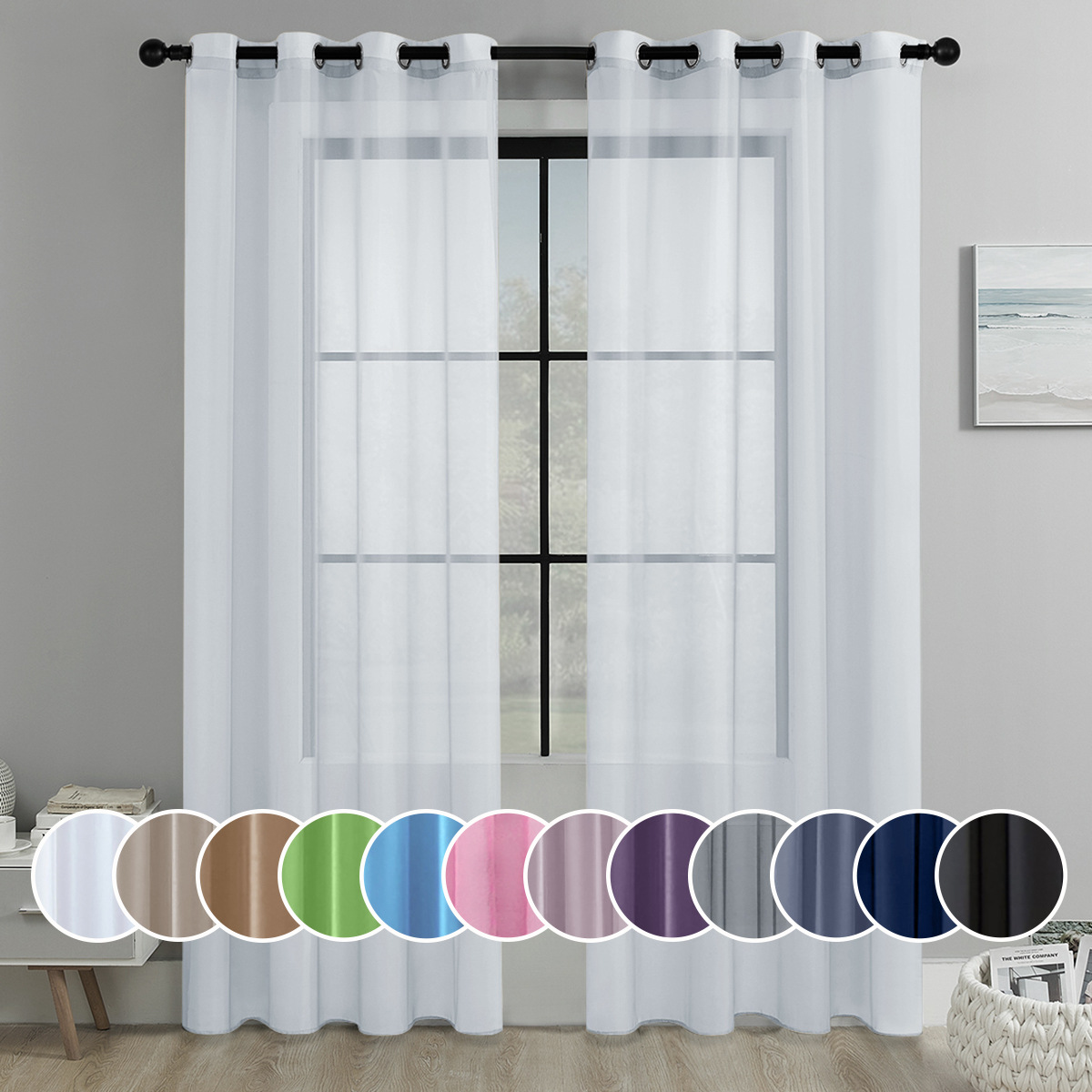 Solid color perforated trinylon sheer curtains, semi-blackout curtains, for living room and balcony decoration.