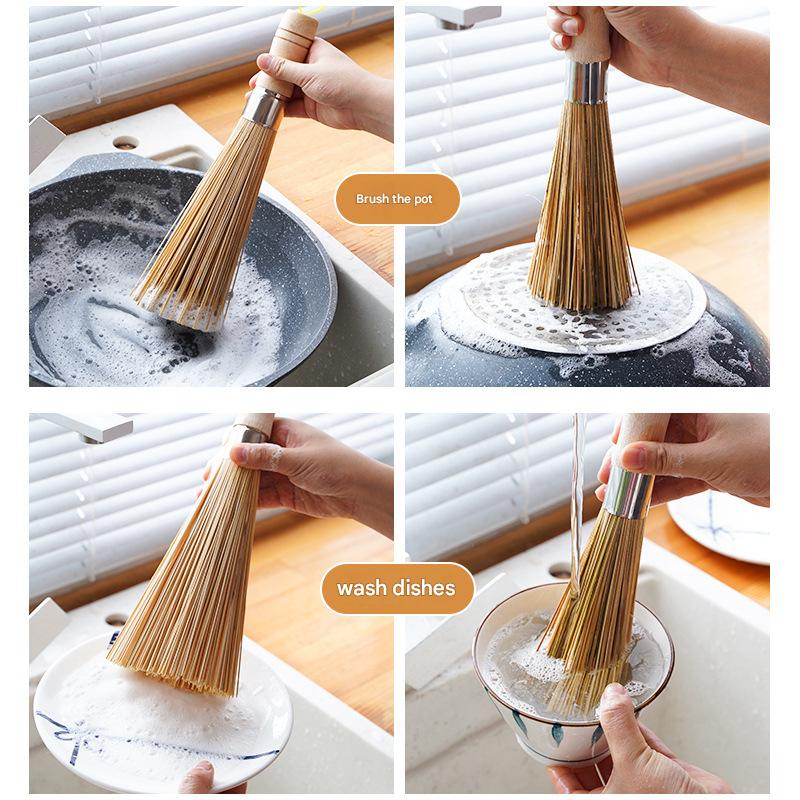 Wooden-handled cleaning brush, commercial vintage-style broom brush, long-handled brush, kitchen pot scrubber, hotel and restaurant slanted bamboo pot brush.