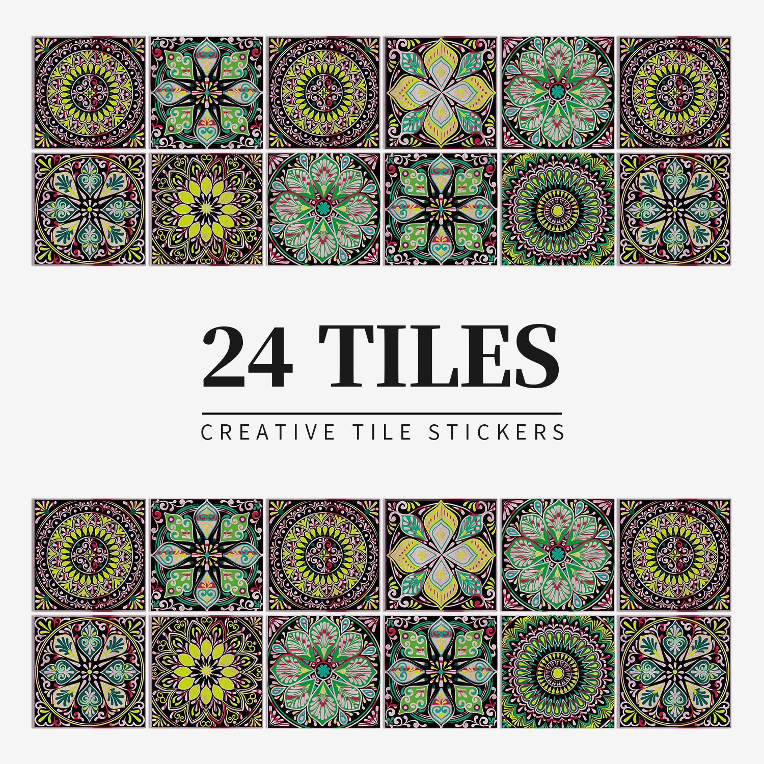 24-piece European-style patterned self-adhesive tile stickers, waterproof and oil-proof, suitable for kitchen and bathroom wall decoration, matte PVC wall stickers.