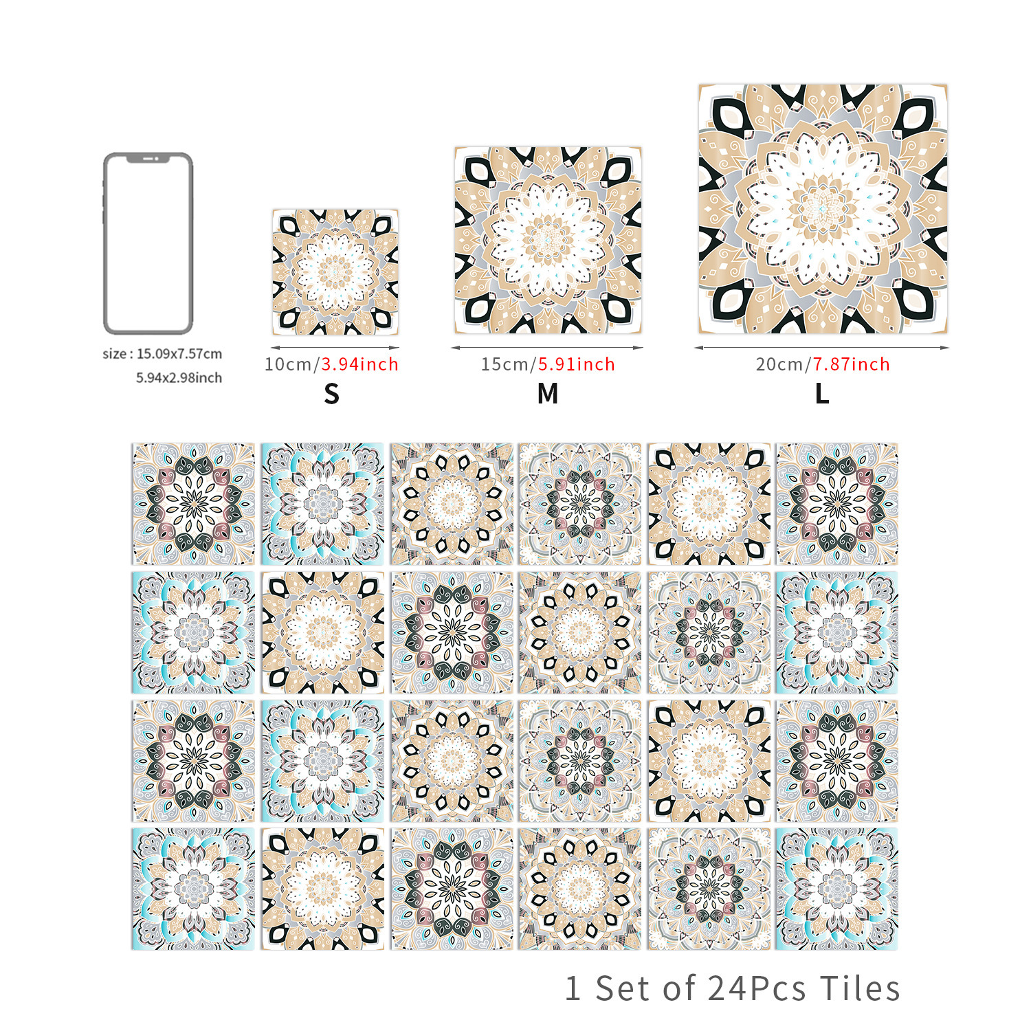 24-piece European-style patterned self-adhesive tile stickers, waterproof and oil-proof, suitable for kitchen and bathroom wall decoration, matte PVC wall stickers.