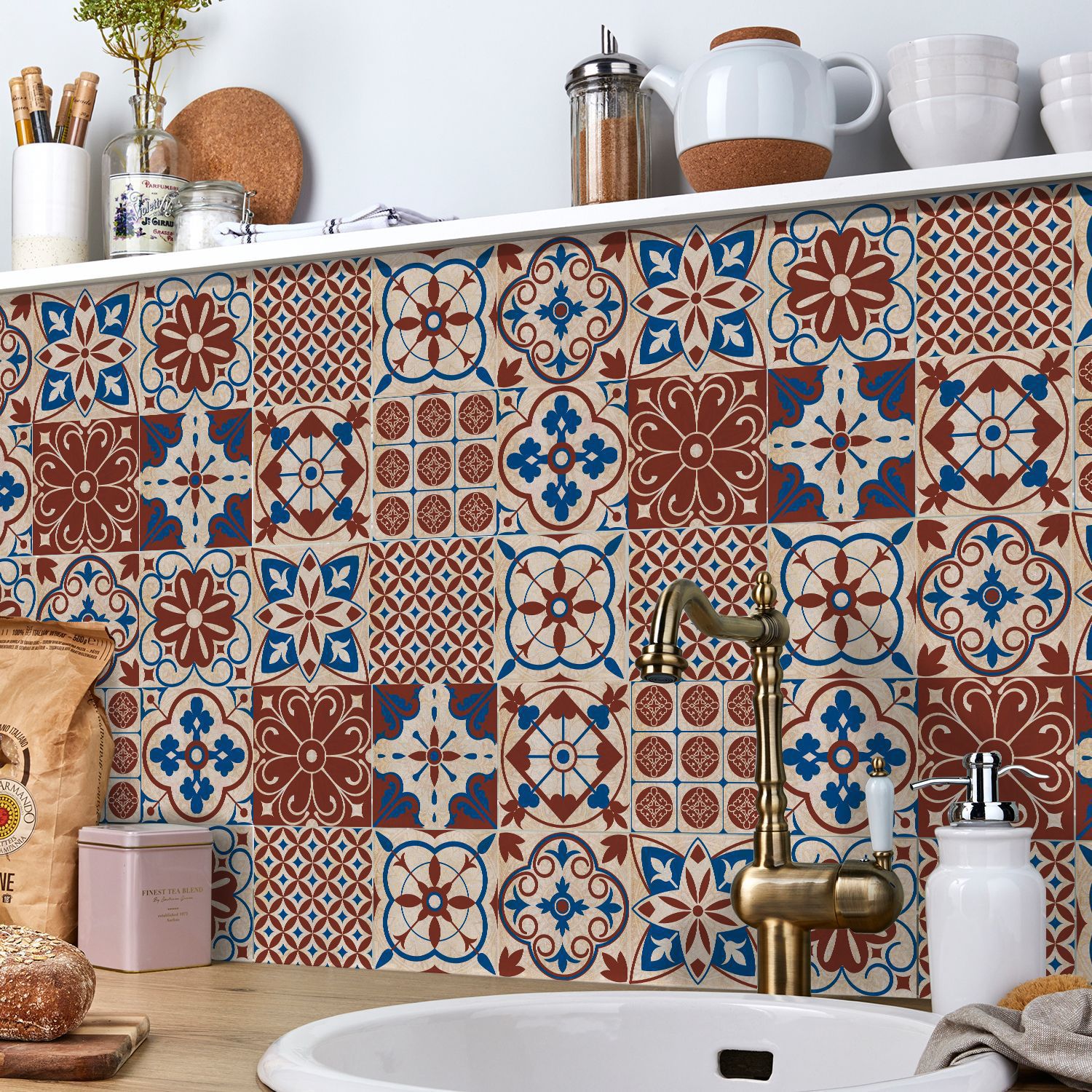 24-piece European-style patterned self-adhesive tile stickers, waterproof and oil-proof, suitable for kitchen and bathroom wall decoration, matte PVC wall stickers.