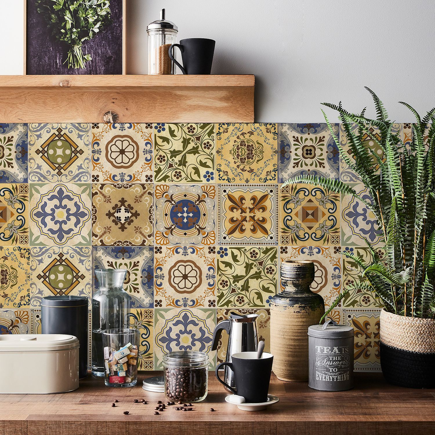 24-piece European-style patterned self-adhesive tile stickers, waterproof and oil-proof, suitable for kitchen and bathroom wall decoration, matte PVC wall stickers.
