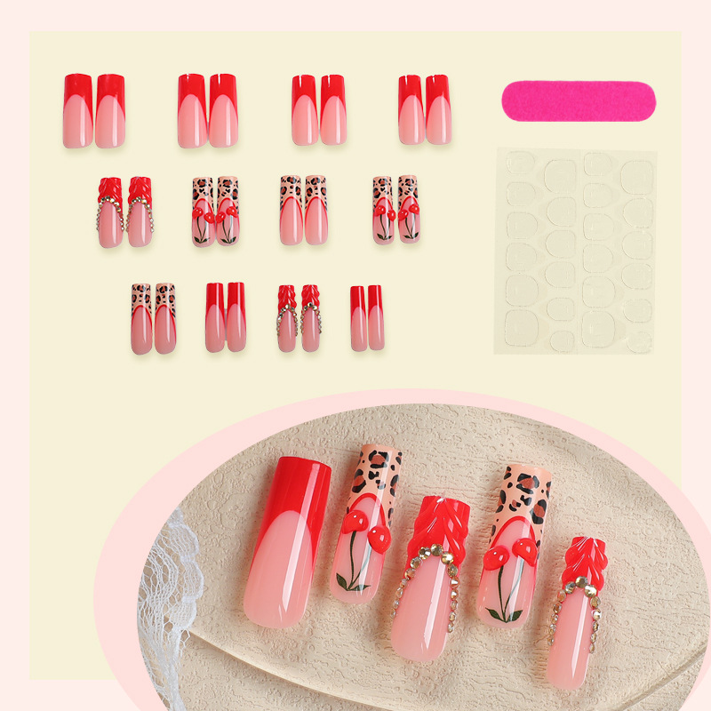New Long Press-On Nails 24PCS 12 Sizes, Red Leopard Print with French Tip and Cherry 3D Rhinestone Design, Statement Glue-On Fake Nails, Removable Reusable Salon-Quality Manicure Nail Tips for Women view 5