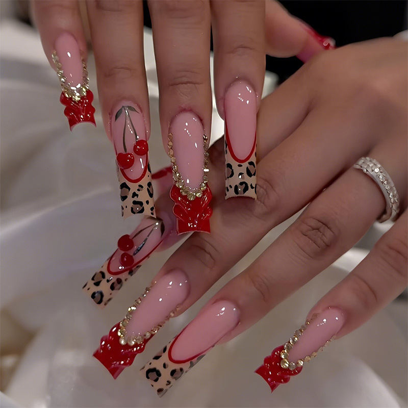 New Long Press-On Nails 24PCS 12 Sizes, Red Leopard Print with French Tip and Cherry 3D Rhinestone Design, Statement Glue-On Fake Nails, Removable Reusable Salon-Quality Manicure Nail Tips for Women