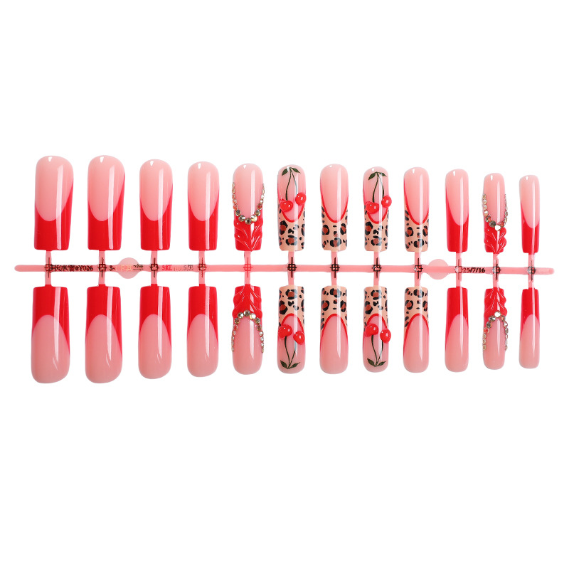New Long Press-On Nails 24PCS 12 Sizes, Red Leopard Print with French Tip and Cherry 3D Rhinestone Design, Statement Glue-On Fake Nails, Removable Reusable Salon-Quality Manicure Nail Tips for Women view 2