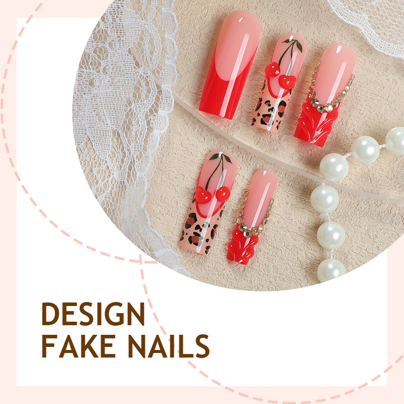 New Long Press-On Nails 24PCS 12 Sizes, Red Leopard Print with French Tip and Cherry 3D Rhinestone Design, Statement Glue-On Fake Nails, Removable Reusable Salon-Quality Manicure Nail Tips for Women view 3