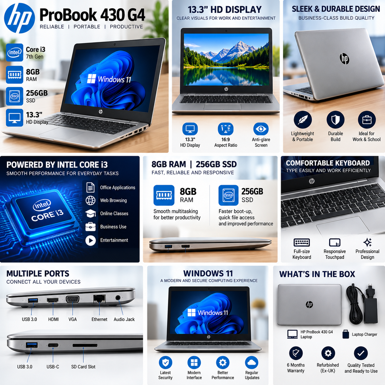 HP ProBook 430 G4 Laptop Intel Core i3 7th Gen, 8GB RAM, 256GB SSD, 13.3 Inch HD Display, Refurbished Business Laptop for Office, School, Work, Browsing and Everyday Use