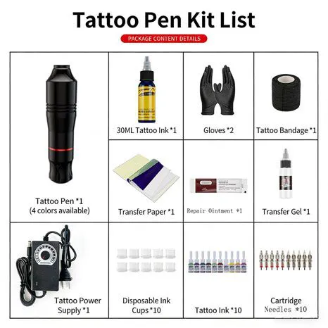Entry-level tattoo kit - Complete set - Wired rotating tattoo pen machine, equipped with 10 ink cartridges and 10 colors of ink, easy-to-use practice tattoo gun kit