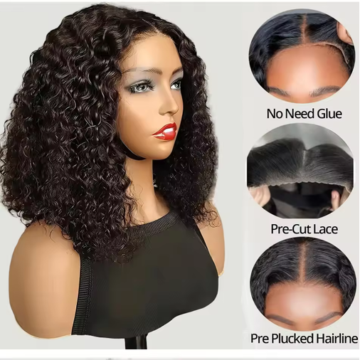 Kinky Curly Bob Wigs Malaysian Human Hair Wig 4x4 HD Lace Frontal Wigs Wear and Go Short Deep Curly Bob Wigs of Women