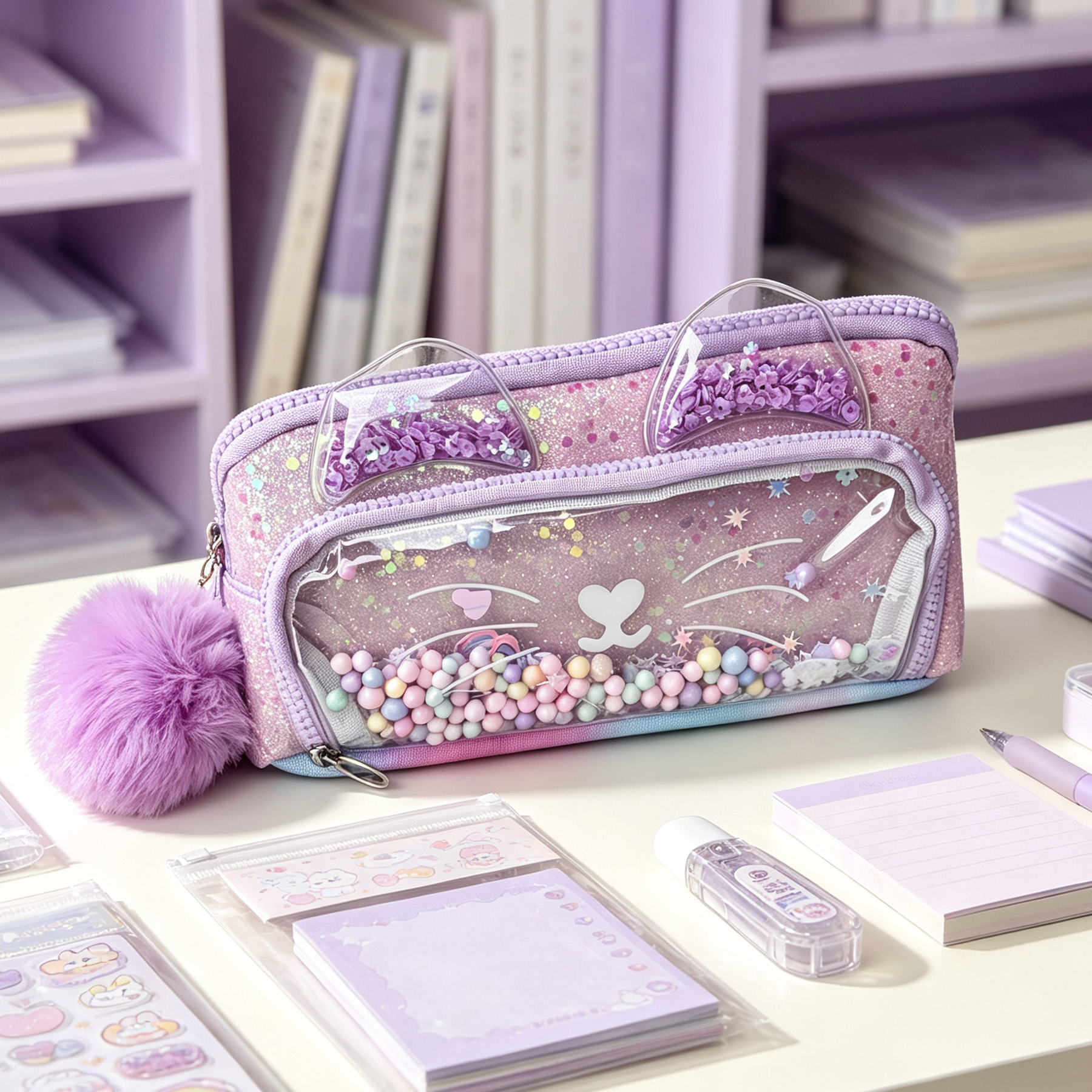 Cute Cat Ear Quicksand Pencil Case for Girls, Sparkly Glitter Beads Clear Window Stationery Bag with Fluffy Pom Pom, Large Capacity Multi Compartment Pen Pouch