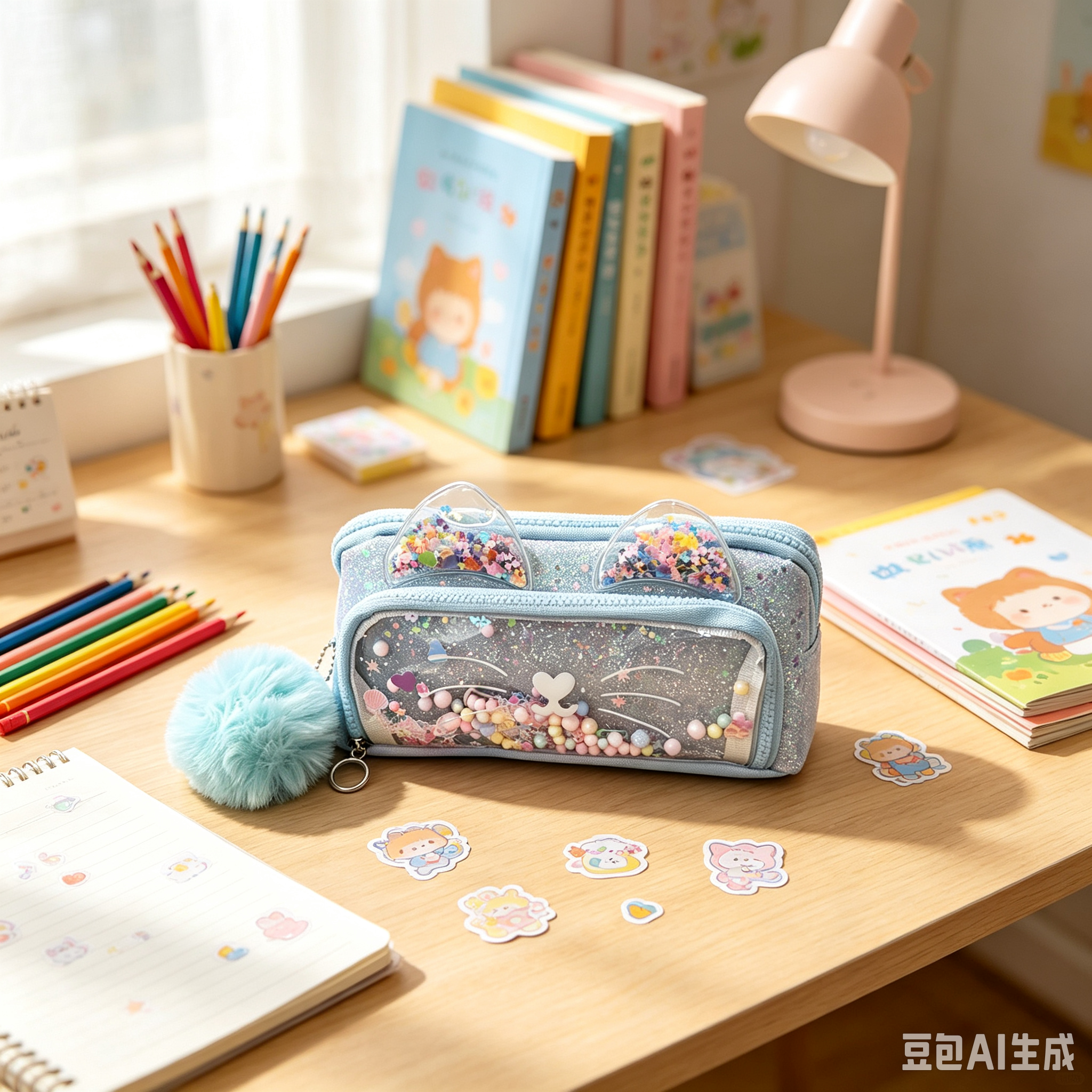 Cute Cat Ear Quicksand Pencil Case for Girls, Sparkly Glitter Beads Clear Window Stationery Bag with Fluffy Pom Pom, Large Capacity Multi Compartment Pen Pouch