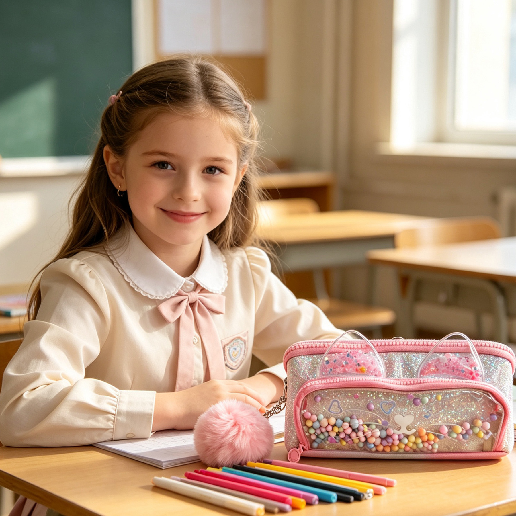 Cute Cat Ear Quicksand Pencil Case for Girls, Sparkly Glitter Beads Clear Window Stationery Bag with Fluffy Pom Pom, Large Capacity Multi Compartment Pen Pouch