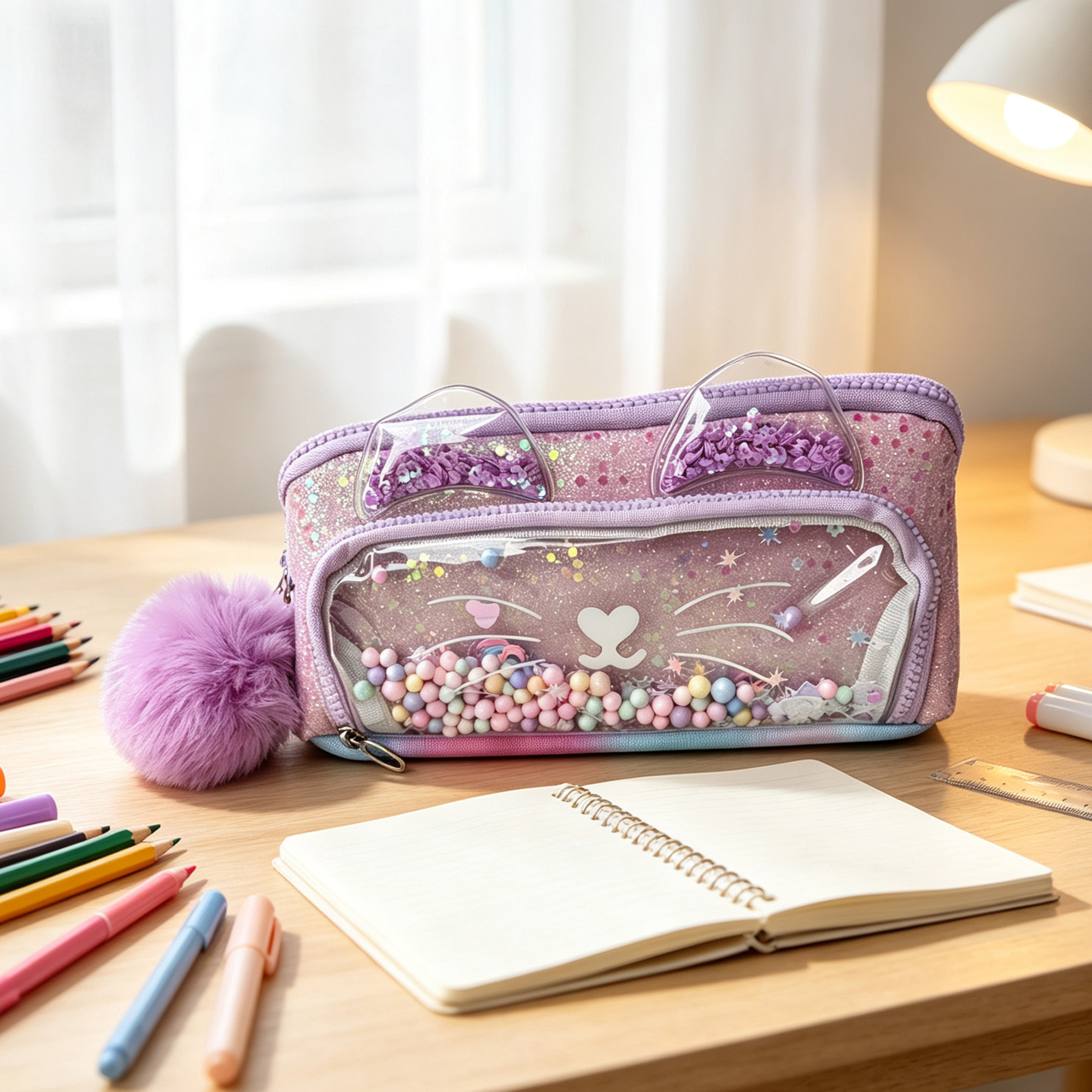 Cute Cat Ear Quicksand Pencil Case for Girls, Sparkly Glitter Beads Clear Window Stationery Bag with Fluffy Pom Pom, Large Capacity Multi Compartment Pen Pouch