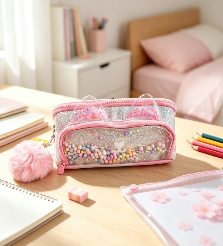 Cute Cat Ear Quicksand Pencil Case for Girls, Sparkly Glitter Beads Clear Window Stationery Bag with Fluffy Pom Pom, Large Capacity Multi Compartment Pen Pouch