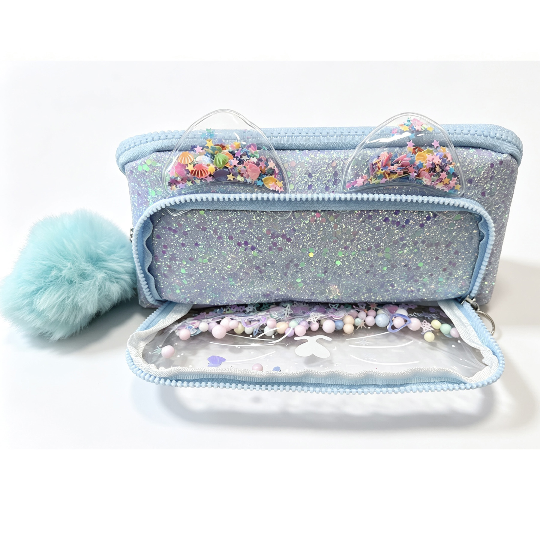 Cute Cat Ear Quicksand Pencil Case for Girls, Sparkly Glitter Beads Clear Window Stationery Bag with Fluffy Pom Pom, Large Capacity Multi Compartment Pen Pouch