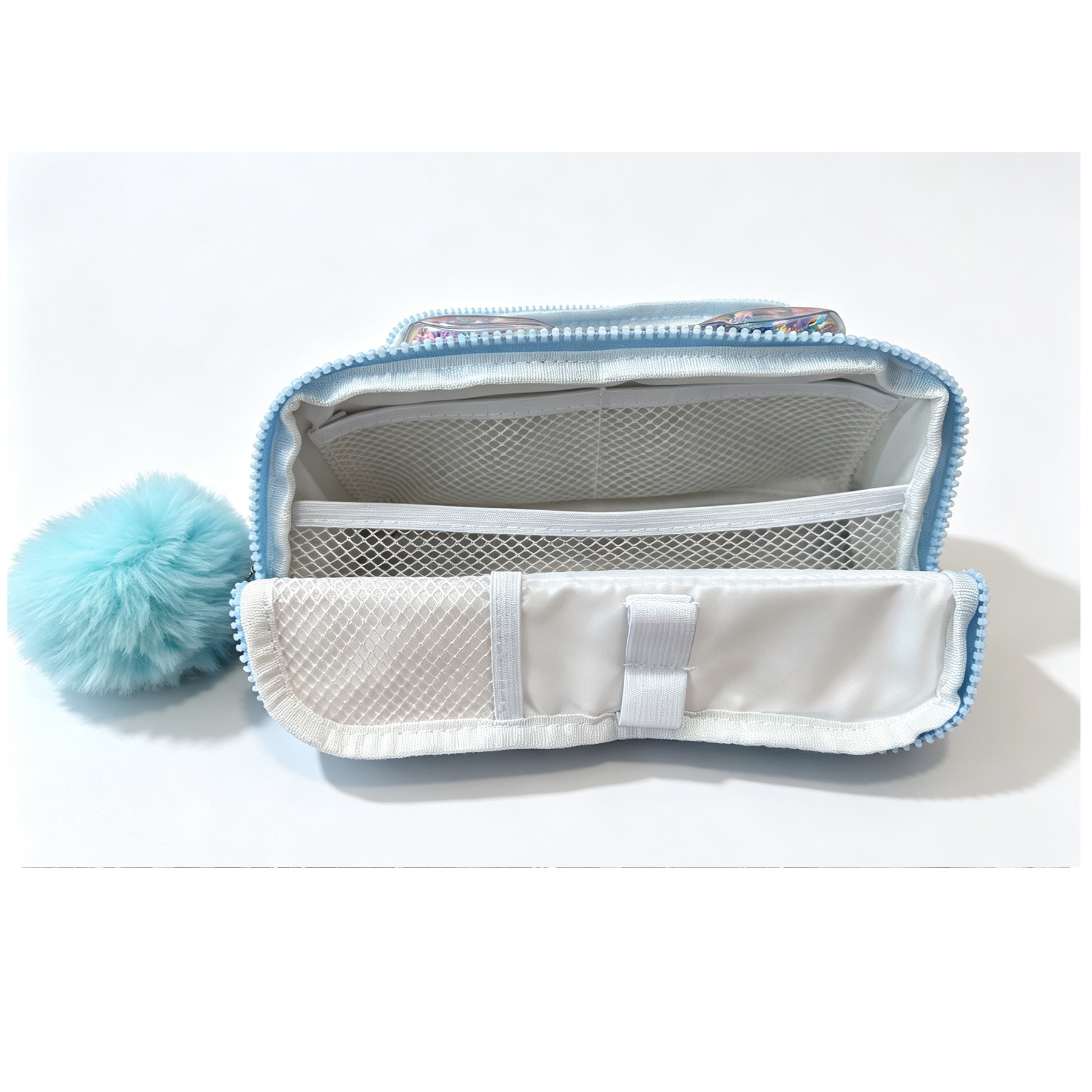 Cute Cat Ear Quicksand Pencil Case for Girls, Sparkly Glitter Beads Clear Window Stationery Bag with Fluffy Pom Pom, Large Capacity Multi Compartment Pen Pouch