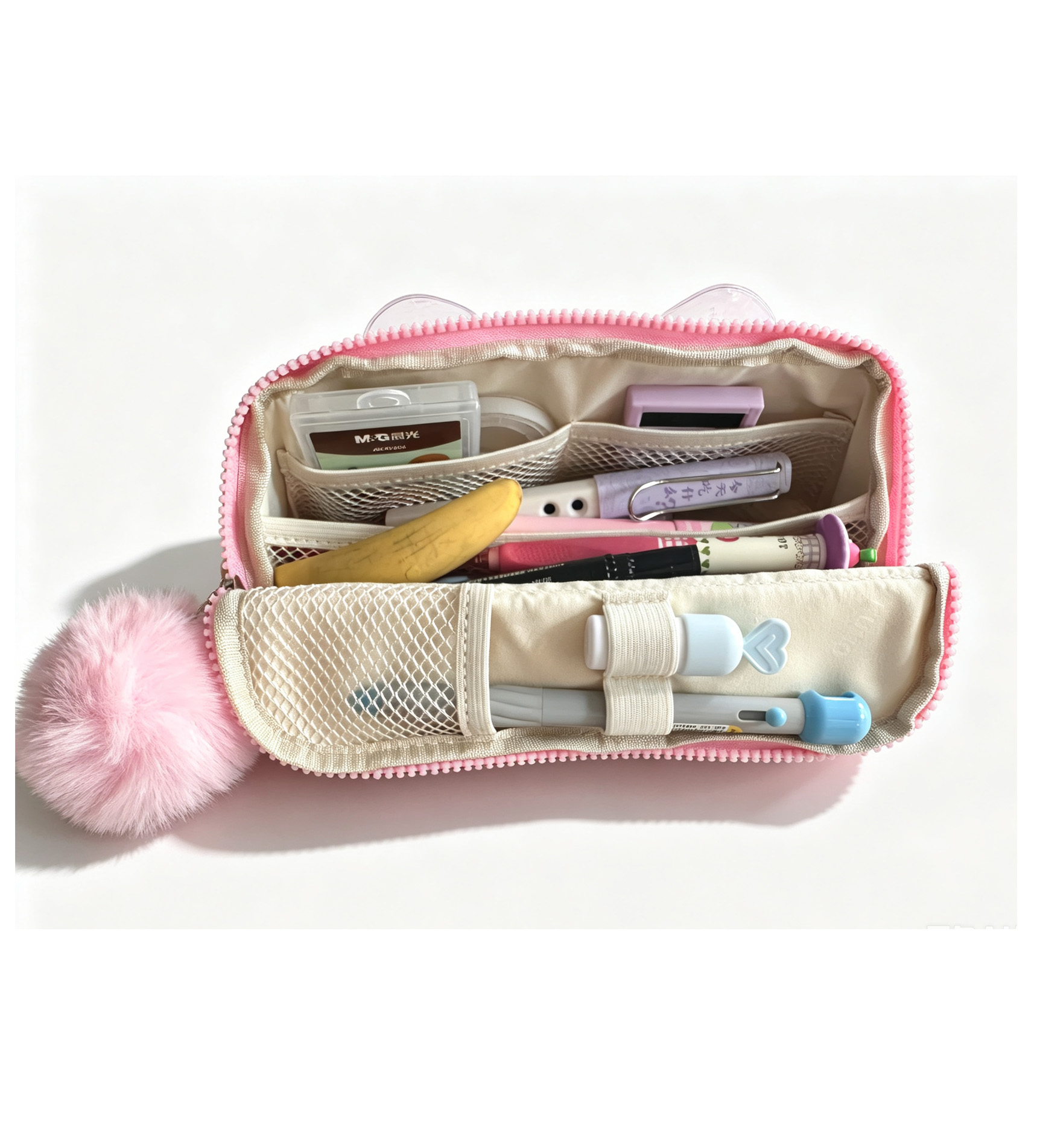 Cute Cat Ear Quicksand Pencil Case for Girls, Sparkly Glitter Beads Clear Window Stationery Bag with Fluffy Pom Pom, Large Capacity Multi Compartment Pen Pouch