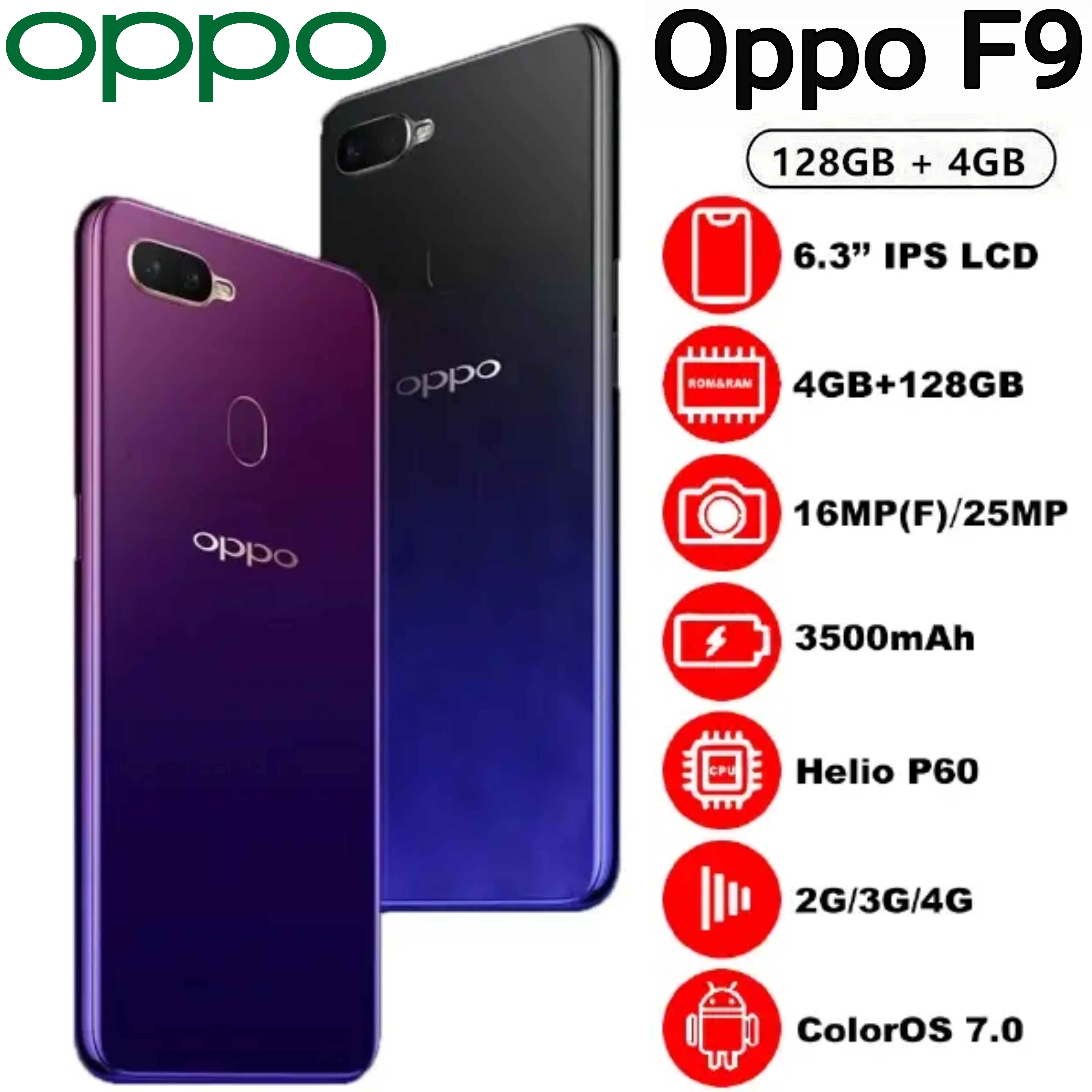 Refurbished OPPO F9, 4GB RAM & 128GB ROM, 6.3inch " 3500 mAh Dual SIM 25MP+16MP Android Smartphones/ Mobile Phones