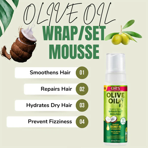 ORS Olive Oil Hold & Shine Wrap/Set Mousse- Designed To Moisturize, Tame Frizz, and Provide a Soft, Crunch-Free Hold-Suitable For  Natural Hair, Wigs, and Braids.