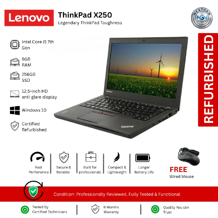 Refurbished Lenovo ThinkPad X250 Intel Core i5 7th Gen laptop 8GB RAM 256GB SSD 12.5-inch HD anti-glare display Students Business USB 3.0 HDMI VGA Wi-Fi ports Bluetooth HD webcam Backlit Keybord