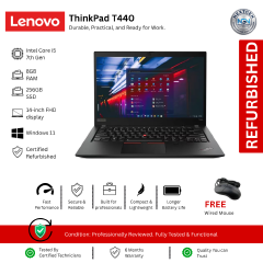 Refurbished Lenovo ThinkPad T440 8GB RAM 256GB SSD Intel Core i5 7th Gen 14-inch Full HD display 6500 mAh battery capacity Webcam BT Backlit Keyboard Fingerprint Reader Windows 11 Student Work Laptop