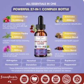 27-in-1 Kidney & Liver Support Liquid Drops – 20:1 Cranberry Extract, Blueberry Flavor, Non-GMO, 60 ml