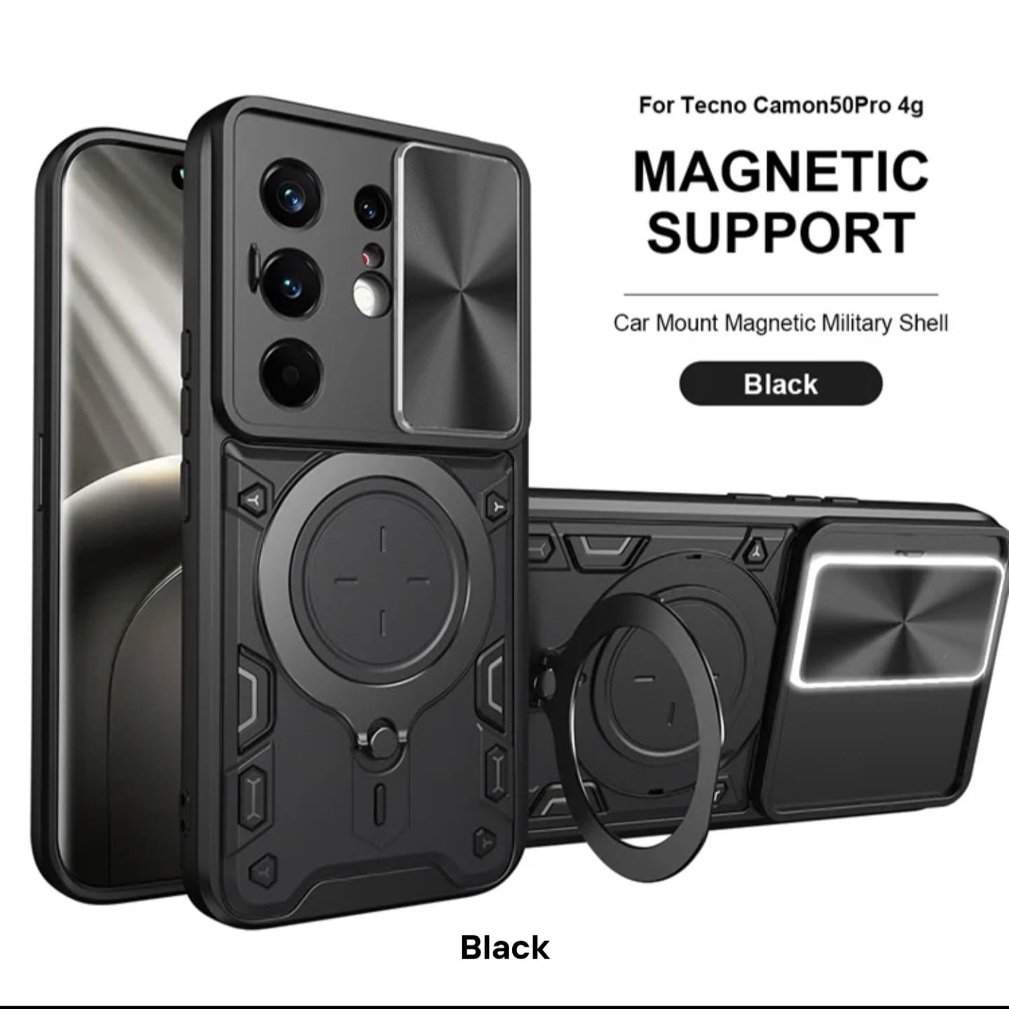 Tecno Camon 50 ,Camon 50 Pro Back Case cover with Ring Holder Kickstand & Camera Lens Slide Protector Cover, Military Grade Hard Armour Shockproof Rugged Phone Case-Black