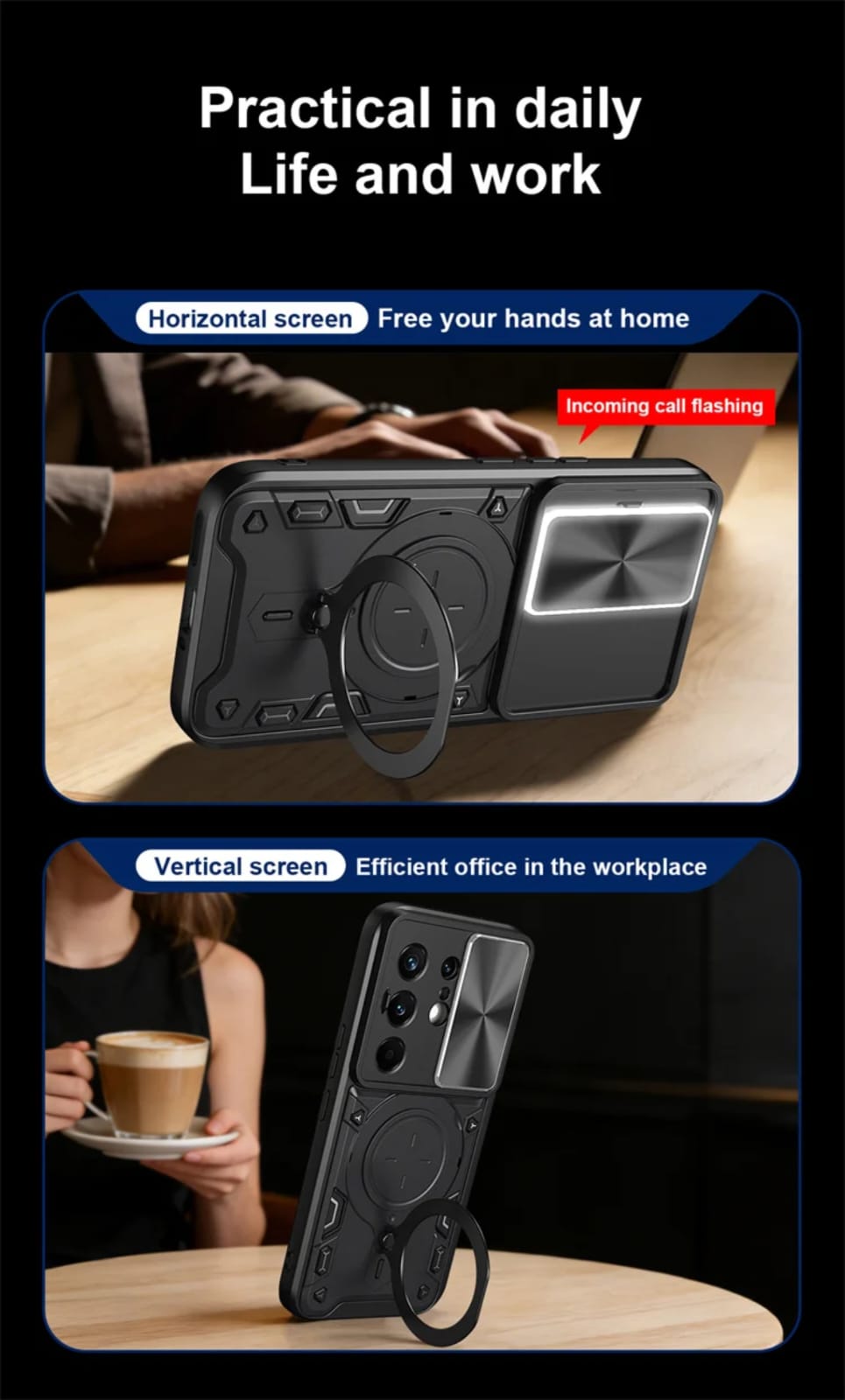 Tecno Camon 50 ,Camon 50 Pro Back Case cover with Ring Holder Kickstand & Camera Lens Slide Protector Cover, Military Grade Hard Armour Shockproof Rugged Phone Case-Black