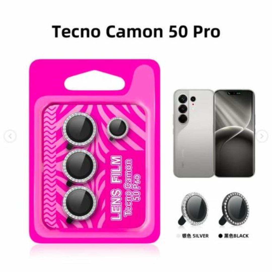 Camera Lens Protector for Tecno Camon 50 - Aluminium Metal Ring, Diamond Glitter, 9H Tempered Glass