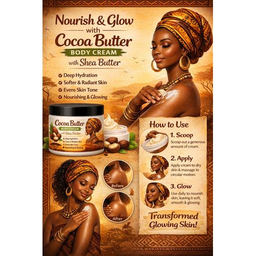 Cocoa Butter & Shea Butter Body Cream – Deep Moisturizing, Skin Brightening & Glow Boosting Lotion for Smooth Radiant Skin