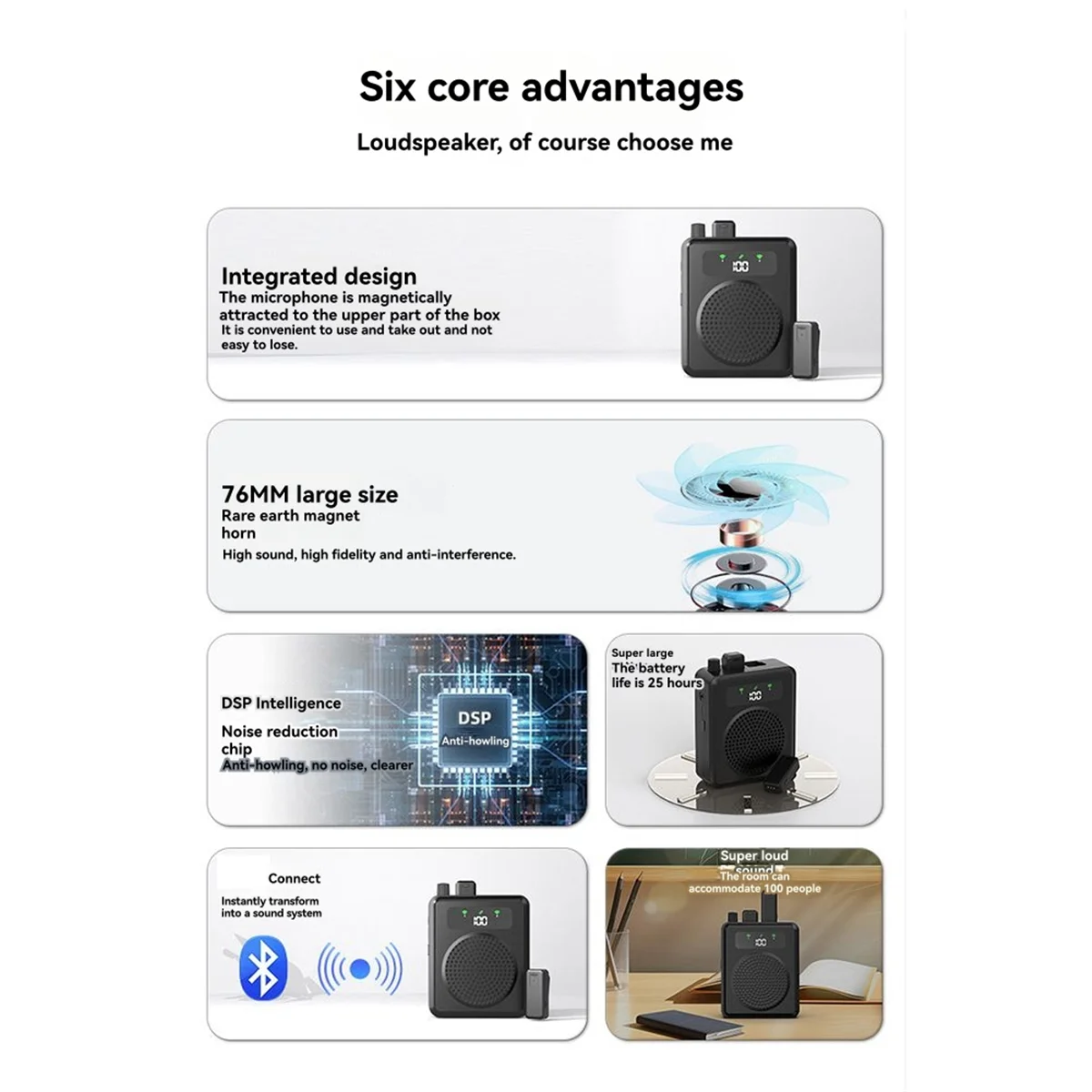 Voice Amplifier with Wireless Lavalier Microphones, Portable Voice Amplifier for Teachers, Speaker with 2 clip Microphones, PA System for Training, Meetings and Outdoors