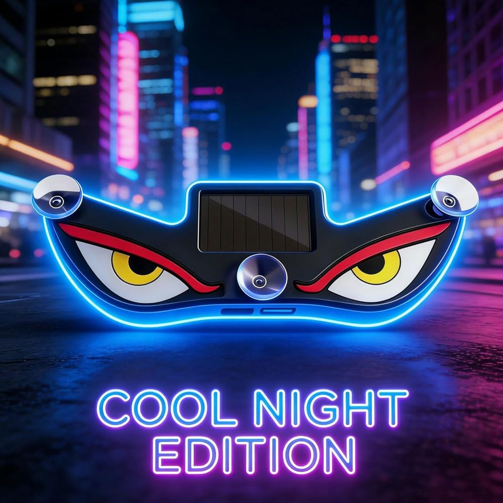 Solar Powered Devils Eyes LED Car Light, Devil Eyes Lights Dynamic Windshield Ambient Lamp with Vibration & Light Sensor, USB-C Rechargeable, 5 Modes, Suction Mount