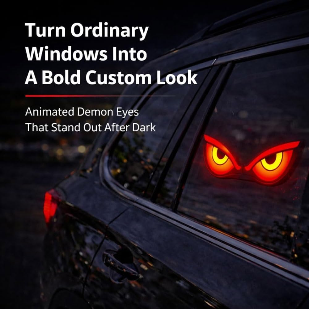 Solar Powered Devils Eyes LED Car Light, Devil Eyes Lights Dynamic Windshield Ambient Lamp with Vibration & Light Sensor, USB-C Rechargeable, 5 Modes, Suction Mount