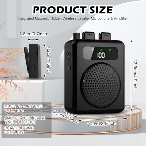 Voice Amplifier with Wireless Lavalier Microphones, Portable Voice Amplifier for Teachers, Speaker with 2 clip Microphones, PA System for Training, Meetings and Outdoors