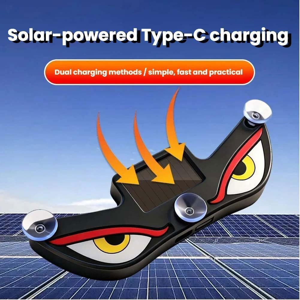 Solar Powered Devils Eyes LED Car Light, Devil Eyes Lights Dynamic Windshield Ambient Lamp with Vibration & Light Sensor, USB-C Rechargeable, 5 Modes, Suction Mount