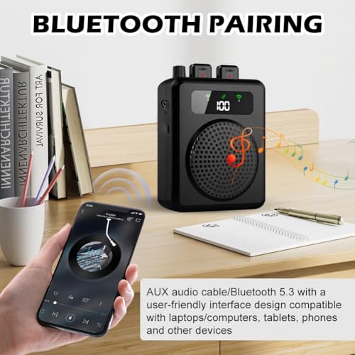 Voice Amplifier with Wireless Lavalier Microphones, Portable Voice Amplifier for Teachers, Speaker with 2 clip Microphones, PA System for Training, Meetings and Outdoors