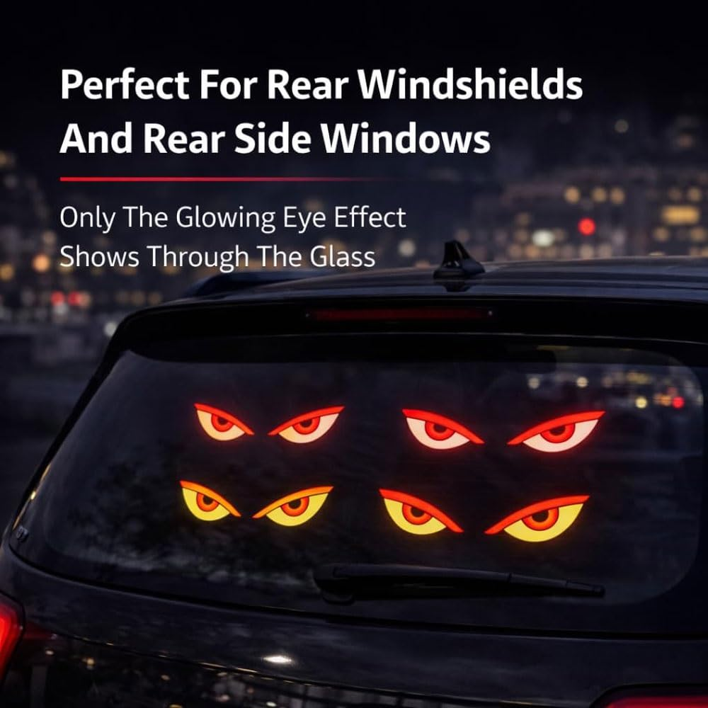 Solar Powered Devils Eyes LED Car Light, Devil Eyes Lights Dynamic Windshield Ambient Lamp with Vibration & Light Sensor, USB-C Rechargeable, 5 Modes, Suction Mount