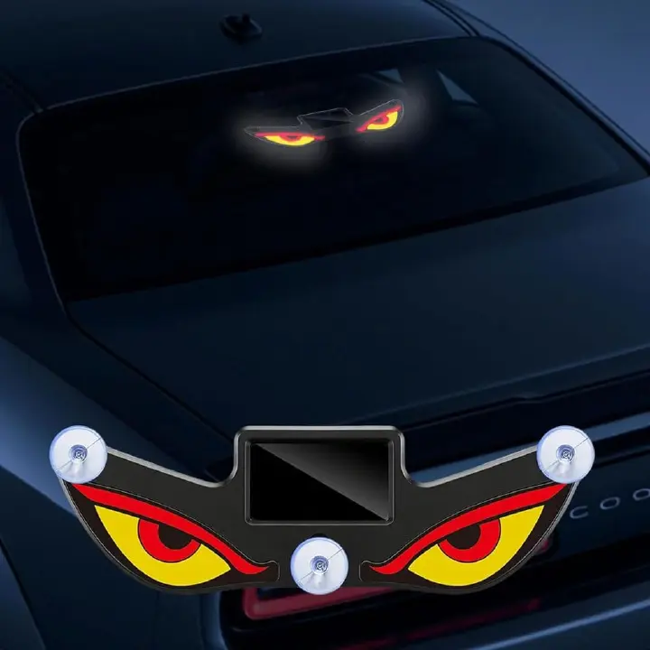 Solar Powered Devils Eyes LED Car Light, Devil Eyes Lights Dynamic Windshield Ambient Lamp with Vibration & Light Sensor, USB-C Rechargeable, 5 Modes, Suction Mount