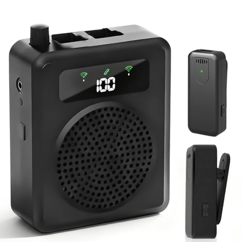 Voice Amplifier with Wireless Lavalier Microphones, Portable Voice Amplifier for Teachers, Speaker with 2 clip Microphones, PA System for Training, Meetings and Outdoors