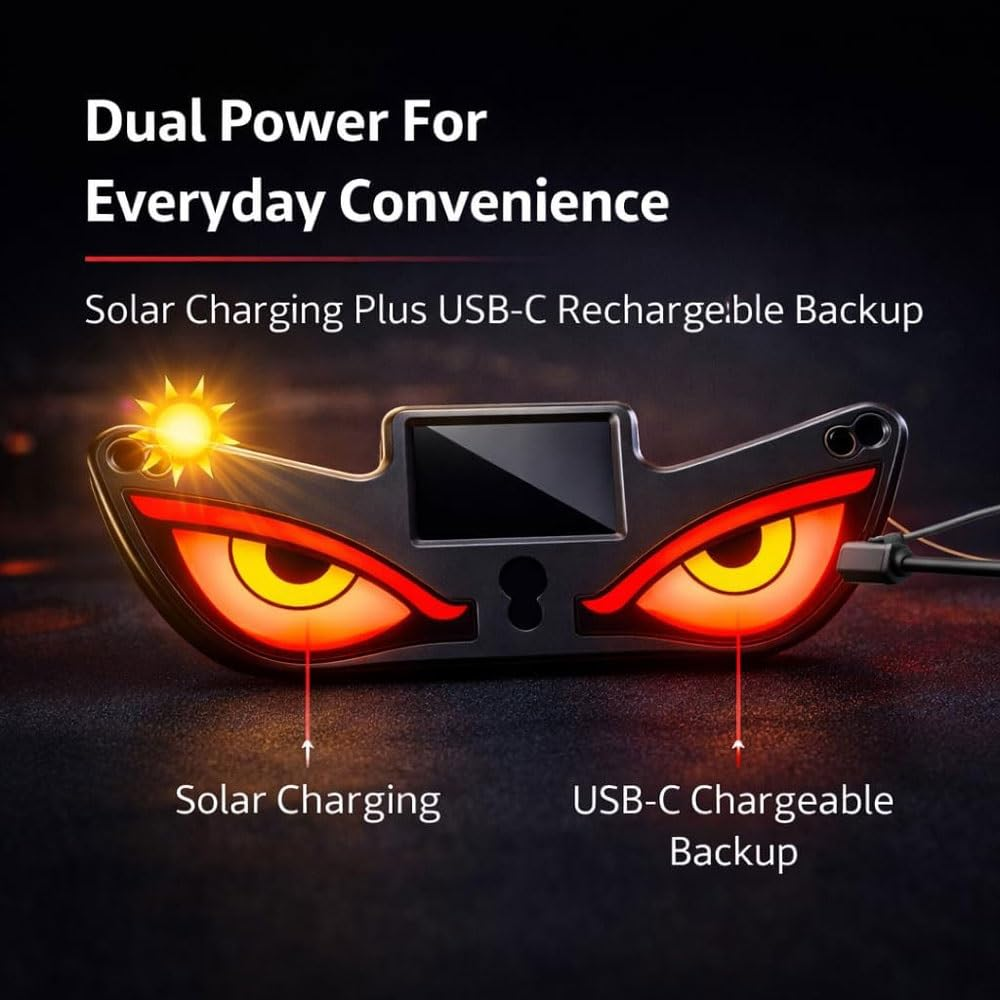 Solar Powered Devils Eyes LED Car Light, Devil Eyes Lights Dynamic Windshield Ambient Lamp with Vibration & Light Sensor, USB-C Rechargeable, 5 Modes, Suction Mount