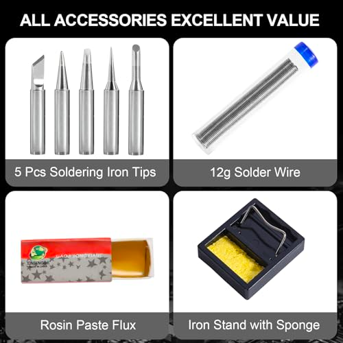 Electric Soldering Iron Kit with 80W LCD Digital Adjustable Temperature Soldering-Iron, 5 Soldering Tips, Rosin Flux, Solder Wires & Stand, Electrical Soldering Kit for Electronics, Best gift for men